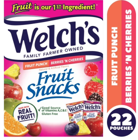 Welch's Fruit Snacks Fruit Punch And Berries N Cherries 0.8 Oz Pouches – 22 Count Box Of Mixed Fruit Flavored Gluten Free Snacks