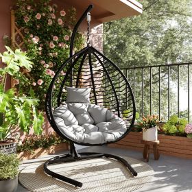 U_STYLE Indoor Outdoor Hanging Hammock Chair with Stand, Foldable Rattan Egg Swing Chair with Iron Frame and Plush Cushion & Removable Headrest