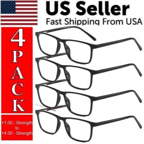 Reading Glasses Mens Womens Unisex Readers Eyeglasses 4 Pack Glasses New Square (Strength: =+3.25 Strength)